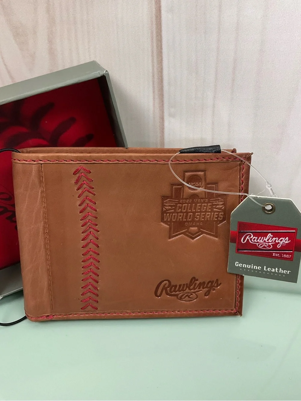 2022 Rawlings NCAA College World Series Tan Leather Bi-Fold Wallet Red Stitching